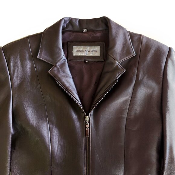 EUC Designer Genuine Leather Jones New York Brown Zip Front Jacket Small - Picture 4 of 6